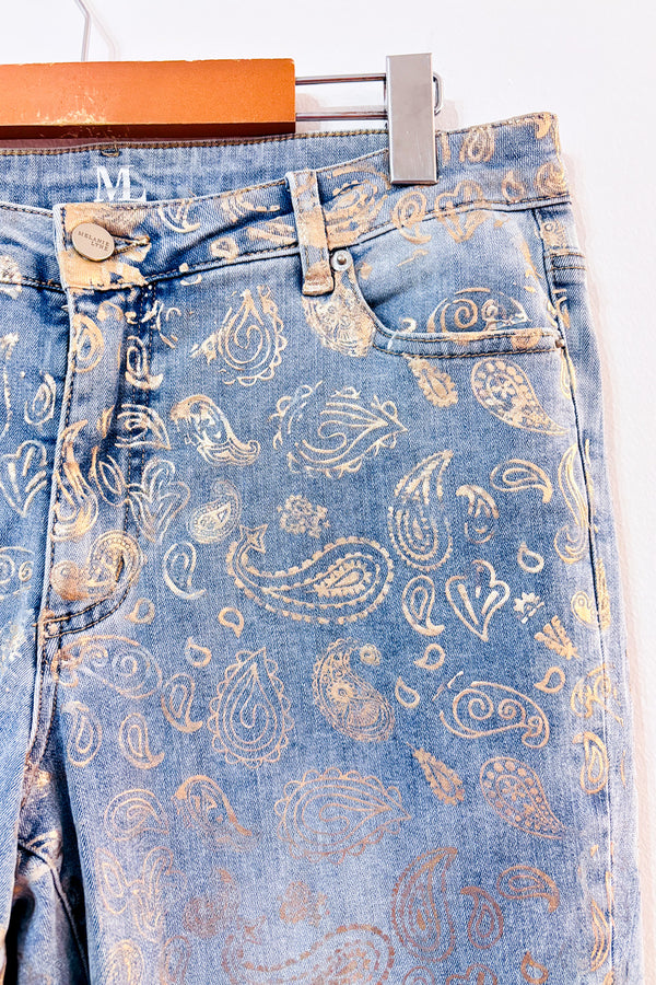 Jeans bleu pâle à motif paisley doré* seconde main - Melanie Lyne- La Penderie du Paradis