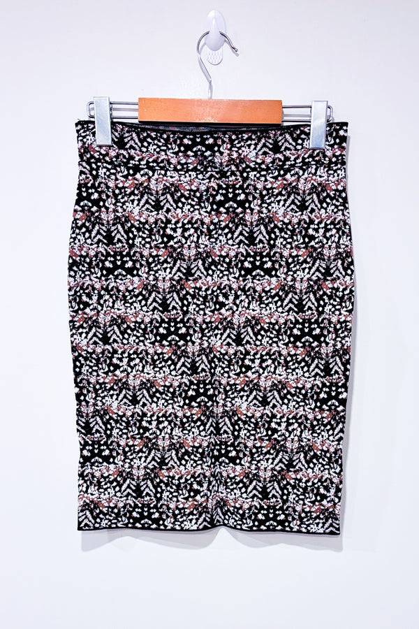 Jupe droite noire et brune avec motifs ajustée à taille haute* seconde main - BCBGMaxazria- La Penderie du Paradis