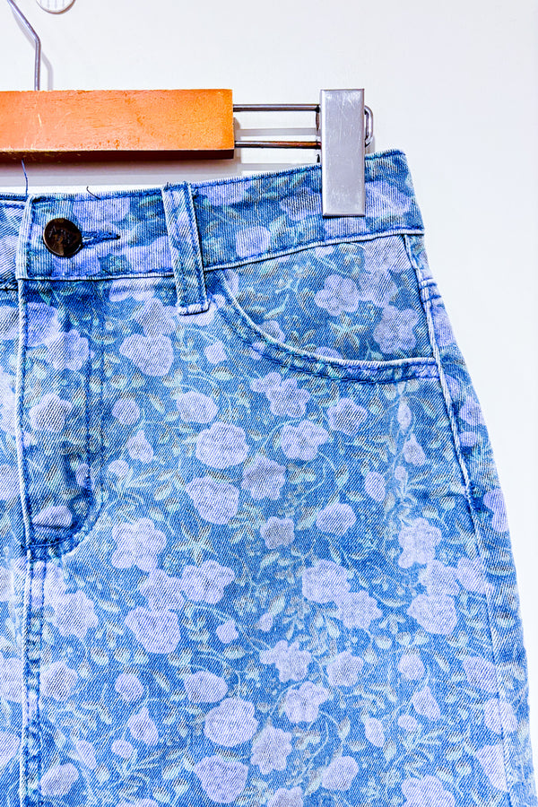 Jupe bleue fleurie en jeans* seconde main - Mariloup Wolfe- La Penderie du Paradis