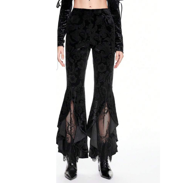 Pantalon en velours noir fleuri avec dentelle seconde main - SHEIN- La Penderie du Paradis