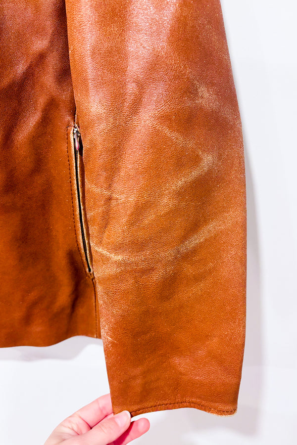 Veste en cuir véritable taupe à zip* seconde main - Vera Pelle- La Penderie du Paradis