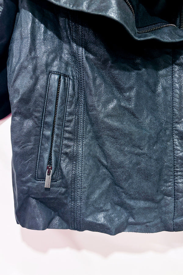 Veste courte en cuir gris-vert à col drapé* seconde main - BCBG Maxazria- La Penderie du Paradis