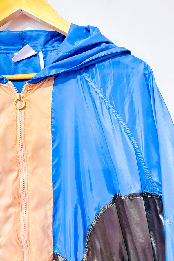 Manteau coupe-vent bleu et brun style vintage seconde main - Out From Under- La Penderie du Paradis