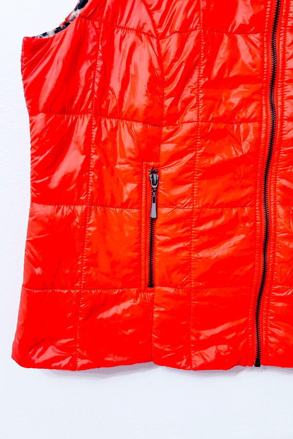 Veste sans manches matelassée orange intérieur léopard seconde main - Proportion Petite / Conrad C- La Penderie du Paradis