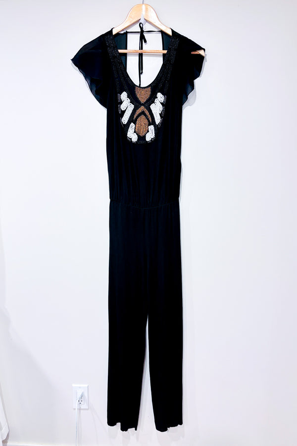 Jumpsuit noir avec billes blanches, noire et or à nouer (s)-Bianco Ghiacco-La Penderie du Paradis 🕊