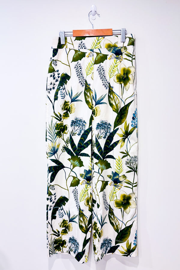 Pantalon ample crème et vert fleuri taille élastique (s)*-Zara-La Penderie du Paradis 🕊
