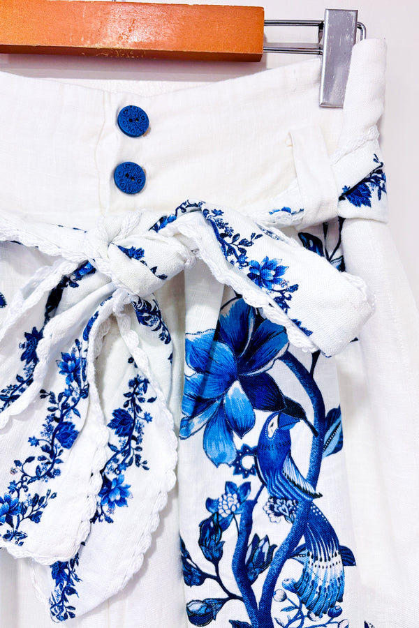 Pantalon crème et bleu fleuri en lin avec jambe ample (s)*-FARM Rio-La Penderie du Paradis 🕊