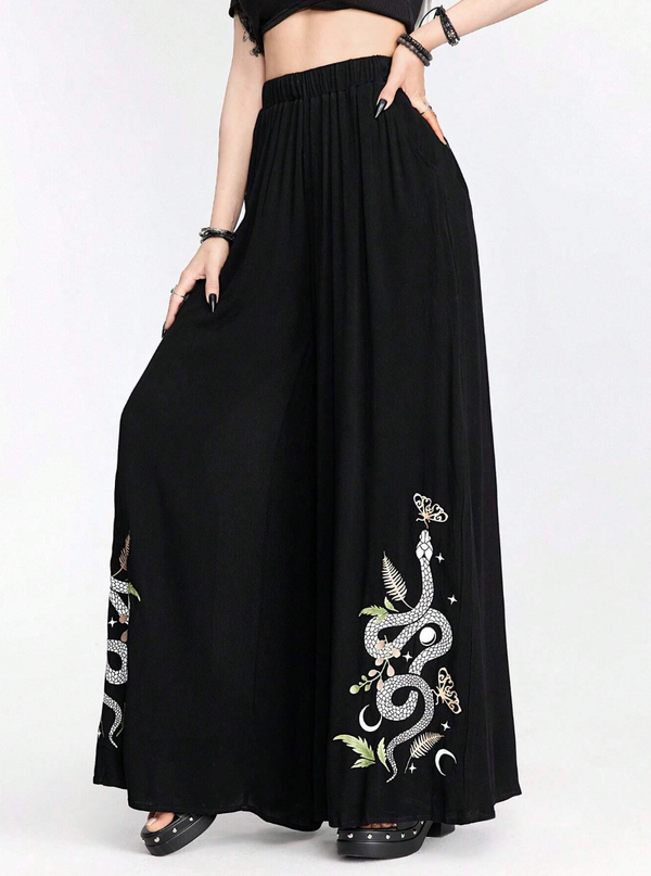 Pantalon large noir gothique à imprimé serpent et plantes seconde main - Romwe- La Penderie du Paradis