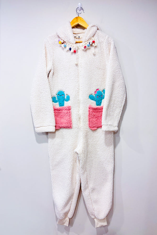 Pyjama une piece blanc et rose en peluche avec cactus seconde main - Funzietime- La Penderie du Paradis