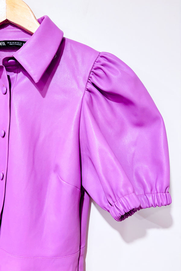 Robe lilas faux cuir avec manches bouffantes (xs)-Zara-La Penderie du Paradis 🕊