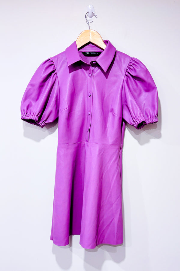 Robe lilas faux cuir avec manches bouffantes (xs)-Zara-La Penderie du Paradis 🕊