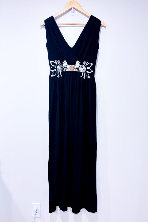 Robe maxi noire avec oiseaux et paillettes (m)-Paola Frani-La Penderie du Paradis 🕊