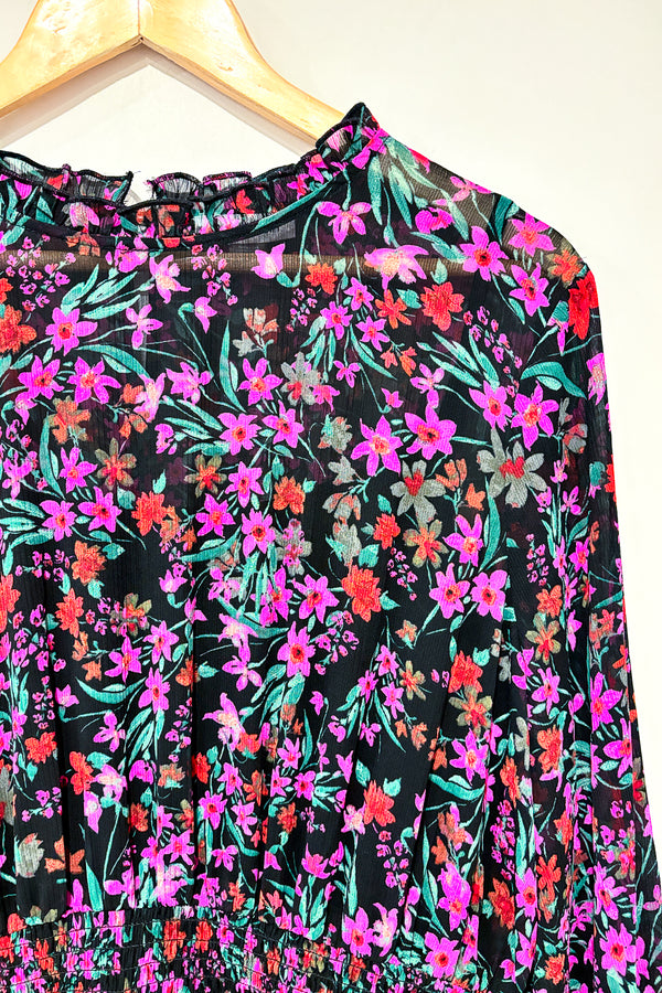 Robe midi noire et rose fleurie (l) seconde main Calvin Klein