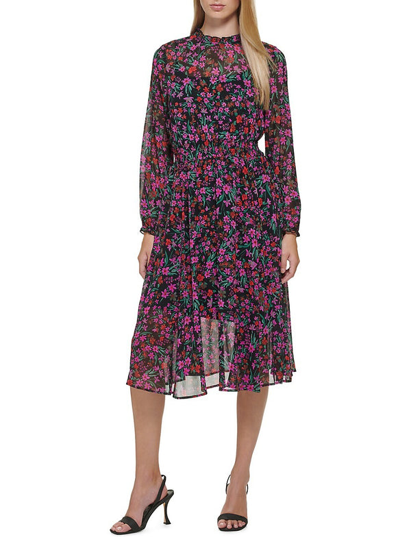 Robe midi noire et rose fleurie (l) seconde main Calvin Klein