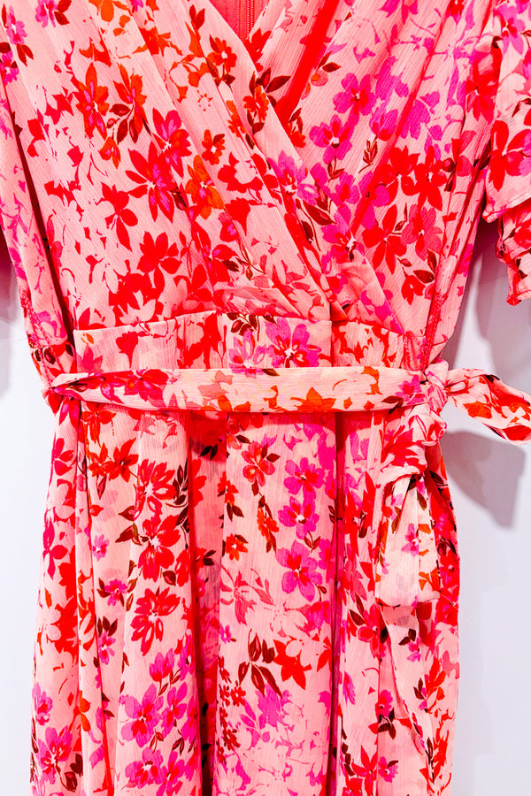Robe midi fluide rose fleurie cache-coeur * seconde main - DKNY- La Penderie du Paradis