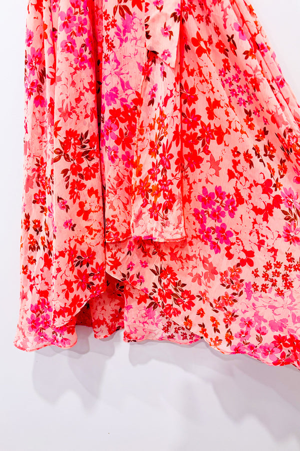 Robe midi fluide rose fleurie cache-coeur * seconde main - DKNY- La Penderie du Paradis