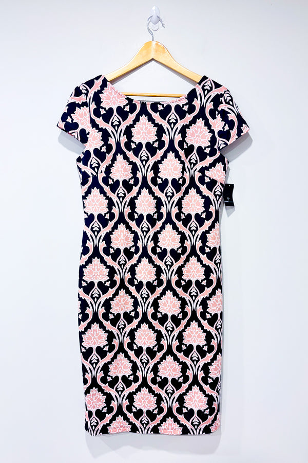 Robe droite marine et rose fleurie* seconde main - Ronnie Nicole- La Penderie du Paradis