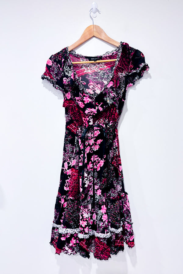 Robe semi-transparente rouge et noire fleurie* seconde main - Terra Nostra- La Penderie du Paradis