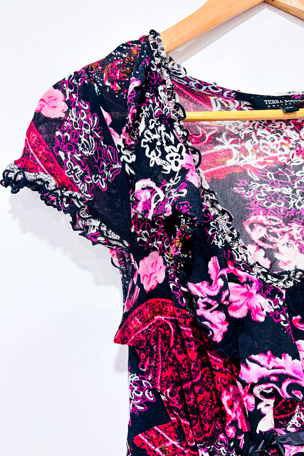 Robe semi-transparente rouge et noire fleurie* seconde main - Terra Nostra- La Penderie du Paradis