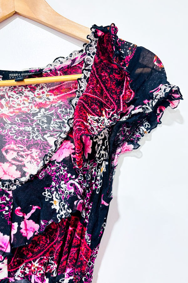 Robe semi-transparente rouge et noire fleurie* seconde main - Terra Nostra- La Penderie du Paradis
