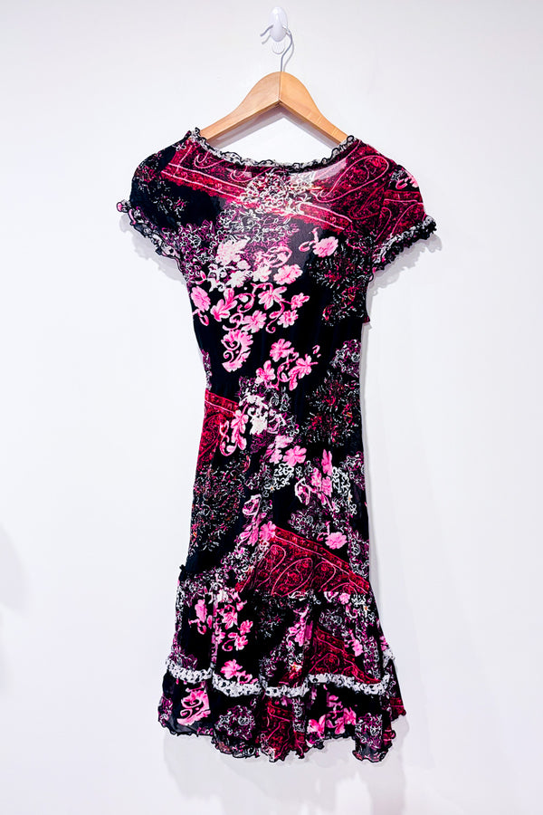 Robe semi-transparente rouge et noire fleurie* seconde main - Terra Nostra- La Penderie du Paradis