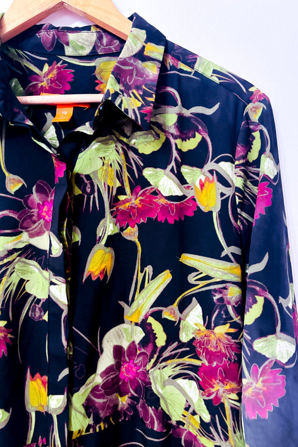 Robe chemisier fleurie noire et verte à manches longues seconde main - Joe Fresh- La Penderie du Paradis