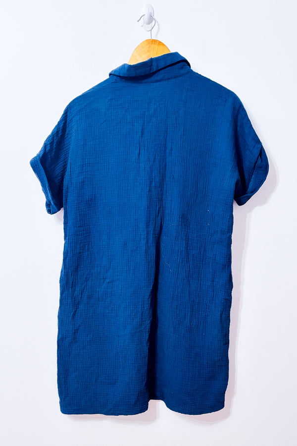 Robe chemise bleue gaufrée en coton et lin seconde main - Autres- La Penderie du Paradis