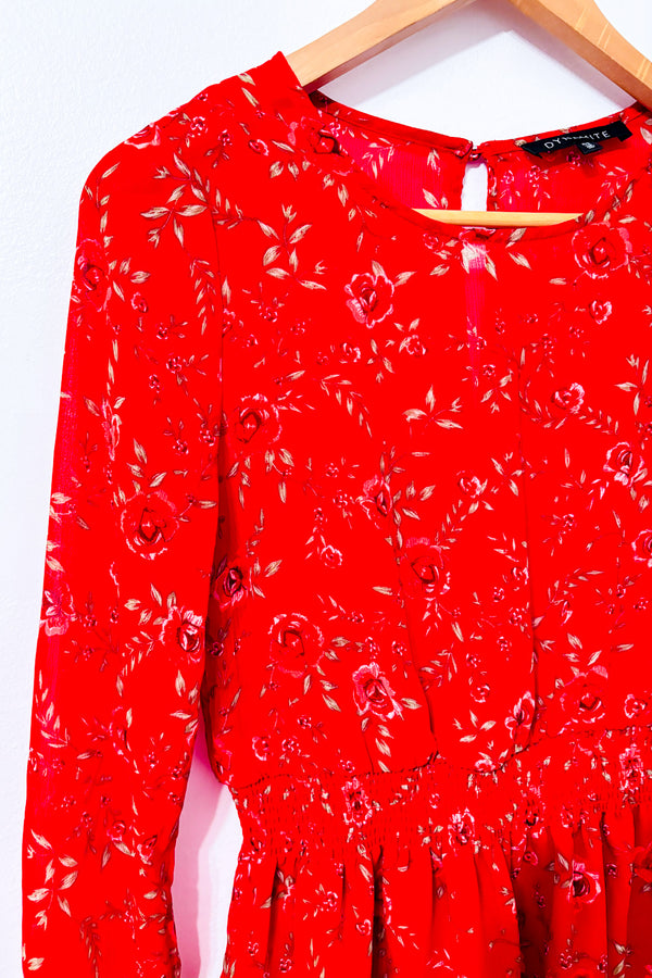 Robe rouge fleurie à manches longues et taille smockée* seconde main - Dynamite- La Penderie du Paradis