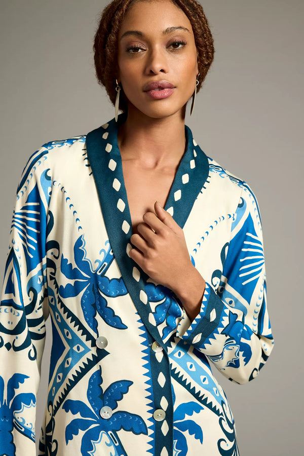 Robe blazer crème et bleue motif palmiers (s)*-FARM Rio-La Penderie du Paradis 🕊