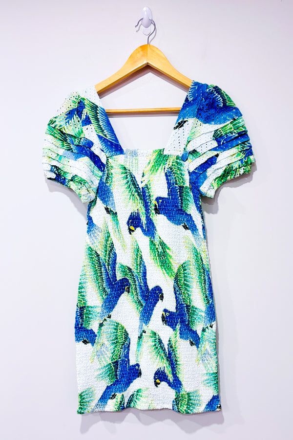 Robe Araras blanche et bleue avec perroquets (m)*-Farm Rio-La Penderie du Paradis 🕊