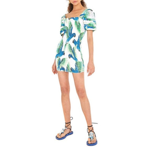 Robe Araras blanche et bleue avec perroquets (m)*-Farm Rio-La Penderie du Paradis 🕊
