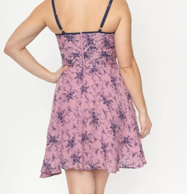 Robe mauve et marine fleurie* seconde main - Unique Vintage- La Penderie du Paradis