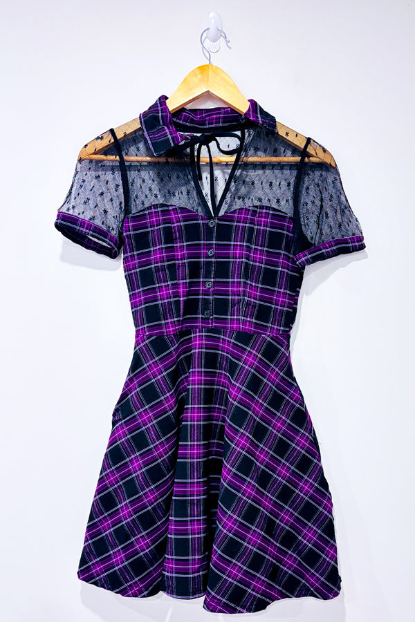 Robe mauve et noire à carreaux avec maille* seconde main - Unique Vintage- La Penderie du Paradis