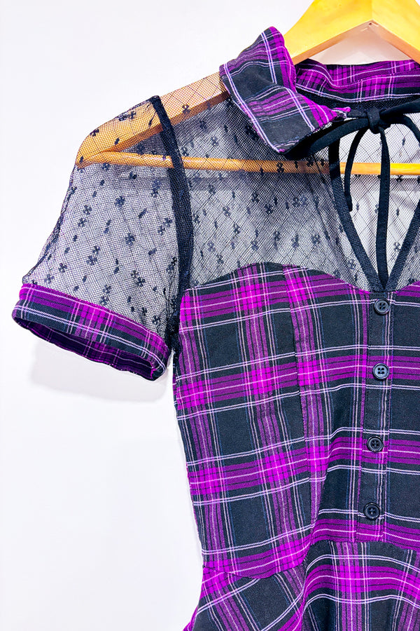 Robe mauve et noire à carreaux avec maille* seconde main - Unique Vintage- La Penderie du Paradis
