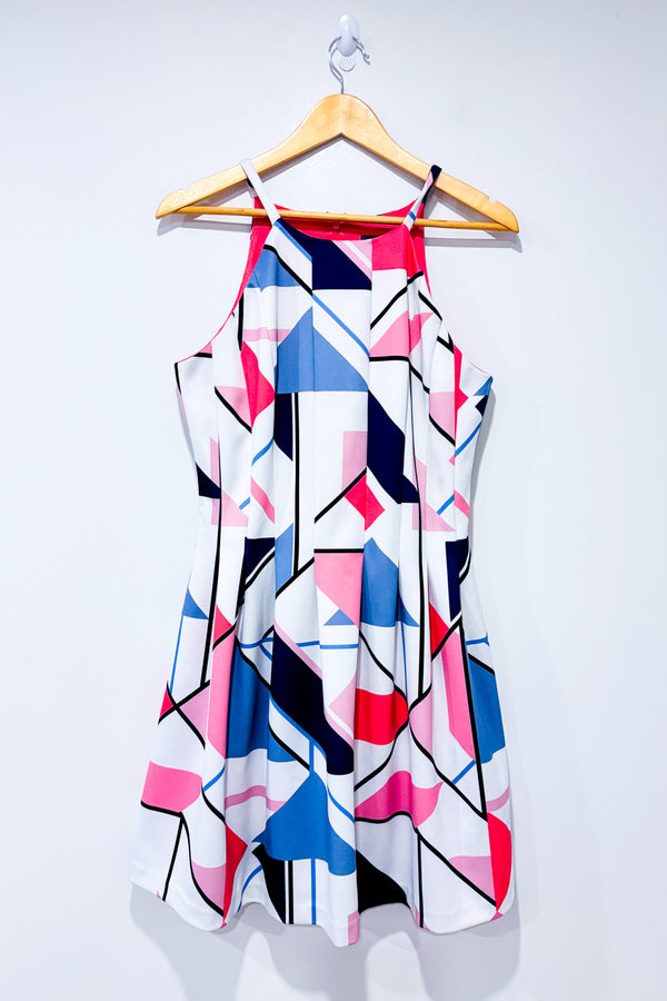 Robe blanche bleue et rose à motifs géométriques* seconde main - Vince Camuto- La Penderie du Paradis