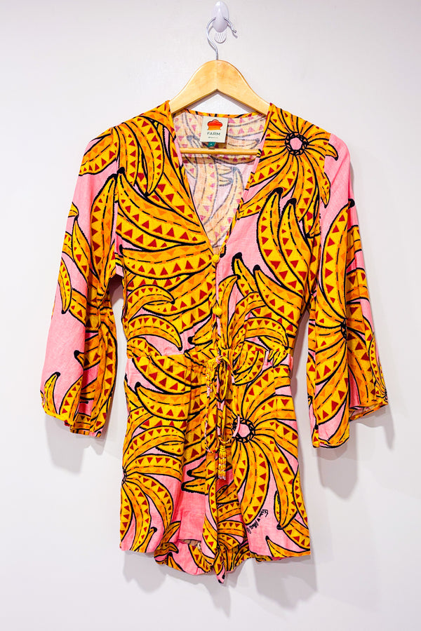 Romper rose et jaune en lin motif bananes (s)*-Farm Rio-La Penderie du Paradis 🕊