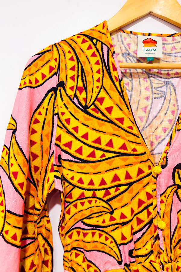 Romper rose et jaune en lin motif bananes (s)*-Farm Rio-La Penderie du Paradis 🕊