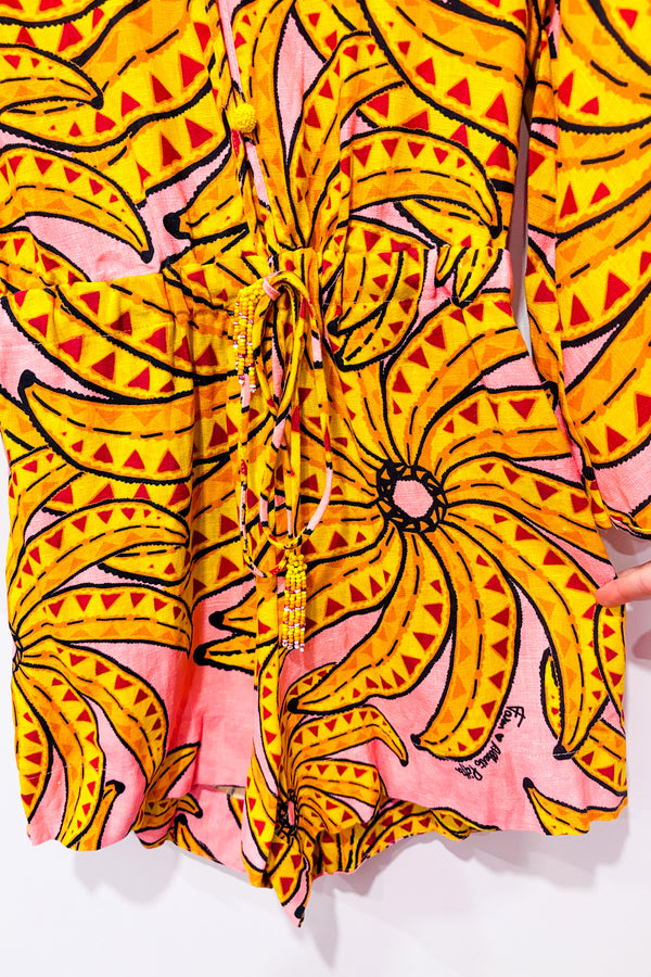 Romper rose et jaune en lin motif bananes (s)*-Farm Rio-La Penderie du Paradis 🕊