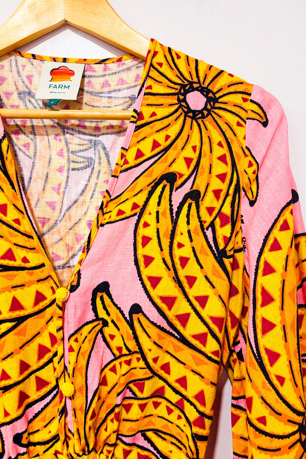 Romper rose et jaune en lin motif bananes (s)*-Farm Rio-La Penderie du Paradis 🕊