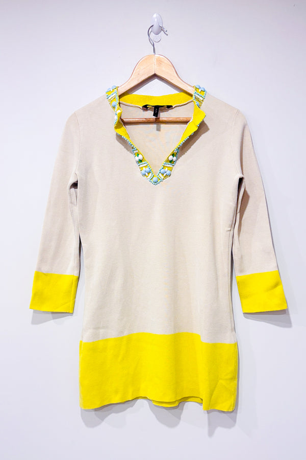 Tunique beige et jaune avec billes (xs)-BCBG Maxazria-La Penderie du Paradis 🕊