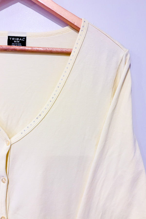 Cardigan jaune pâle à boutons et paillettes (m)-Tribal-La Penderie du Paradis 🕊