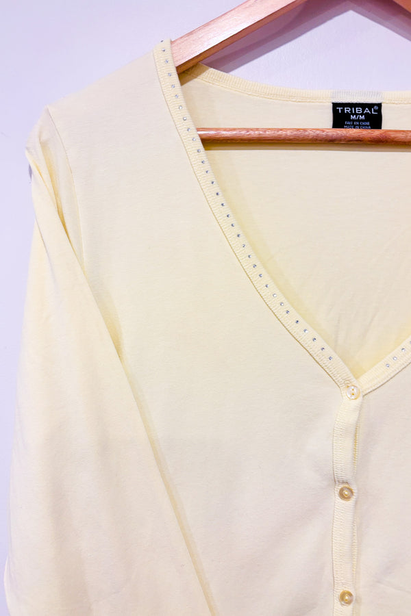 Cardigan jaune pâle à boutons et paillettes (m)-Tribal-La Penderie du Paradis 🕊