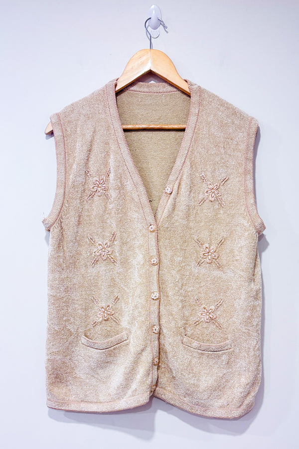 Cardigan vintage beige sans manche beige fleuri (l)-Autres-La Penderie du Paradis 🕊