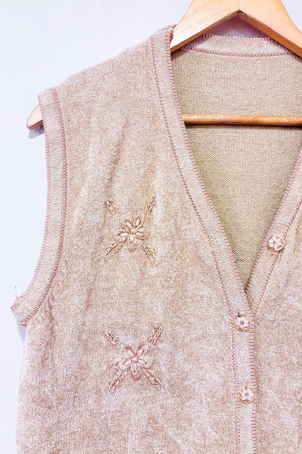 Cardigan vintage beige sans manche beige fleuri (l)-Autres-La Penderie du Paradis 🕊