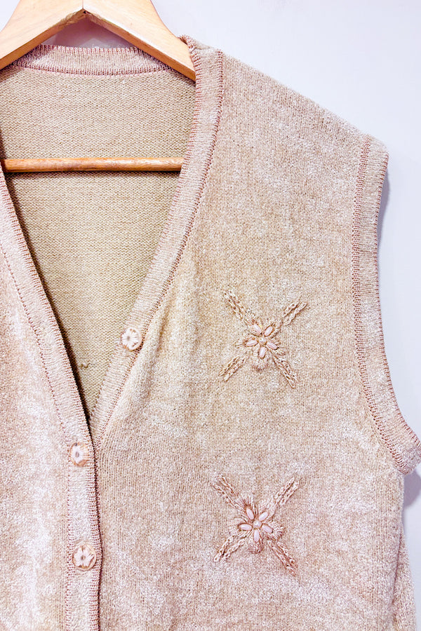Cardigan vintage beige sans manche beige fleuri (l)-Autres-La Penderie du Paradis 🕊