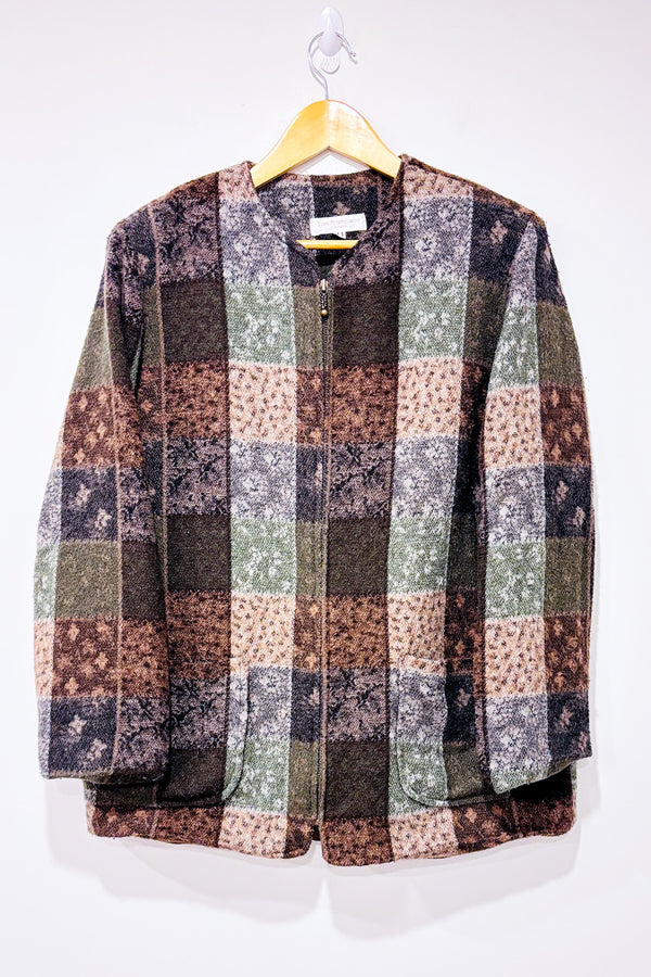 Veste vintage kaki et brune à carreaux en tricot (l)-San Francisco-La Penderie du Paradis 🕊