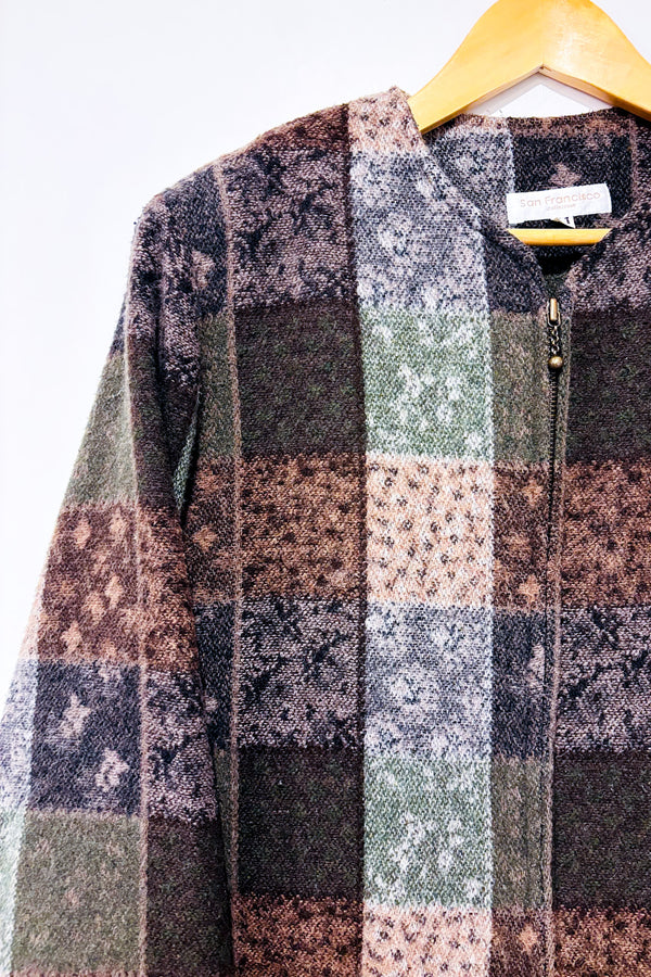 Veste vintage kaki et brune à carreaux en tricot (l)-San Francisco-La Penderie du Paradis 🕊