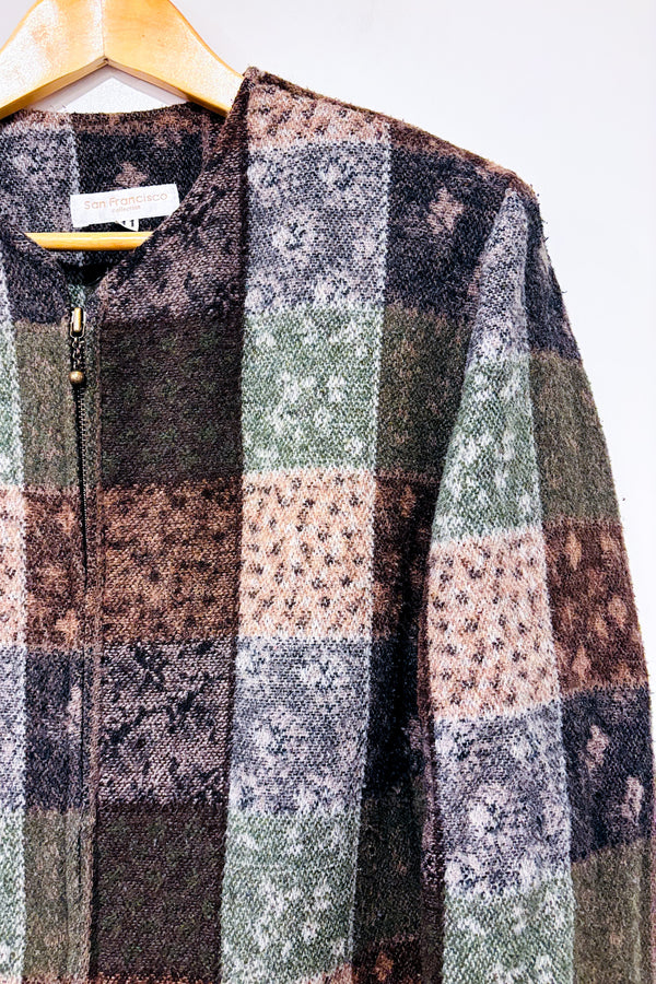 Veste vintage kaki et brune à carreaux en tricot (l)-San Francisco-La Penderie du Paradis 🕊