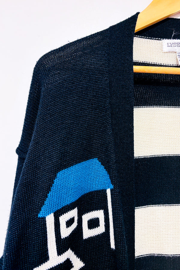 Cardigan ouvert vintage en laine marine et blanc (s)-Lyse Spenard-La Penderie du Paradis 🕊