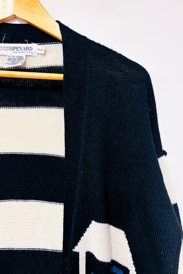 Cardigan ouvert vintage en laine marine et blanc (s)-Lyse Spenard-La Penderie du Paradis 🕊